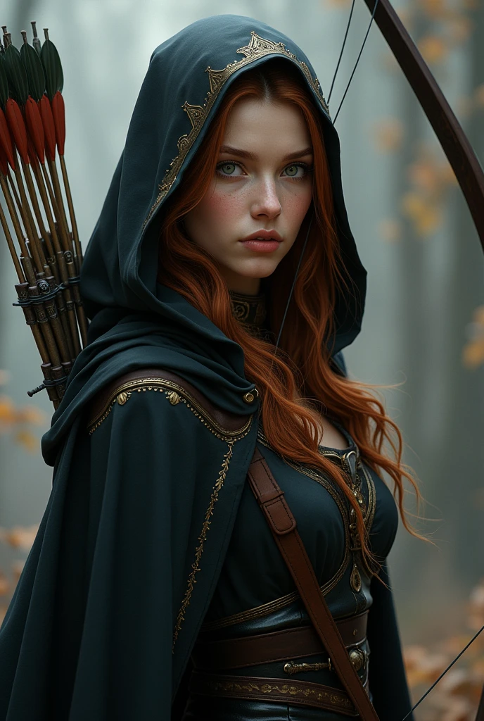 Draw a female half-elf with white skin, little elf ears, eyes black, chestnut hair, wearing a black cloak with gold details and a built-in hood holding a crossbow in his hands and a quiver on his back with a handful of arrows. Her eyes are extremely dark and this is her most obvious feature..