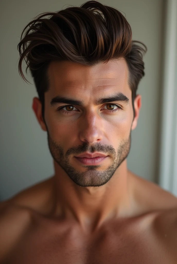 handsome man, brown hair, pompadour hairstyle, without any clothes showing penis