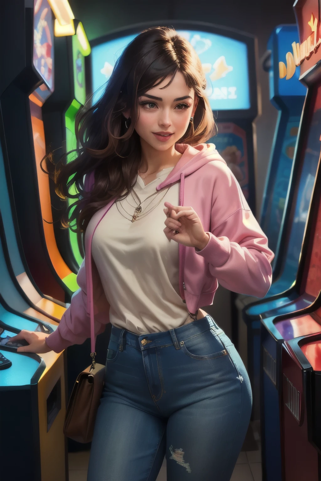 ((best quality)), ((masterpiece)), (detailed), (realistic), A stunning woman with long, flowing hair stands inside a retro arcade, her eyes focused intently on a vintage Game Boy in her hands. The arcade is dimly lit with neon lights in the background, casting a soft, colorful glow around her. She wears a stylish, casual outfit with a slightly oversized hoodie and jeans, perfectly complementing the nostalgic vibe of the scene. The woman's expression is a mix of concentration and joy as she loses herself in the game, her features illuminated by the soft light from the Game Boy's screen. The ambiance around her includes old-school arcade machines, with faint, colorful reflections bouncing off her skin, adding to the vibrant, playful atmosphere of the scene DeviantArt influence, dynamic action pose, (portrait shot:1.1), 8k resolution