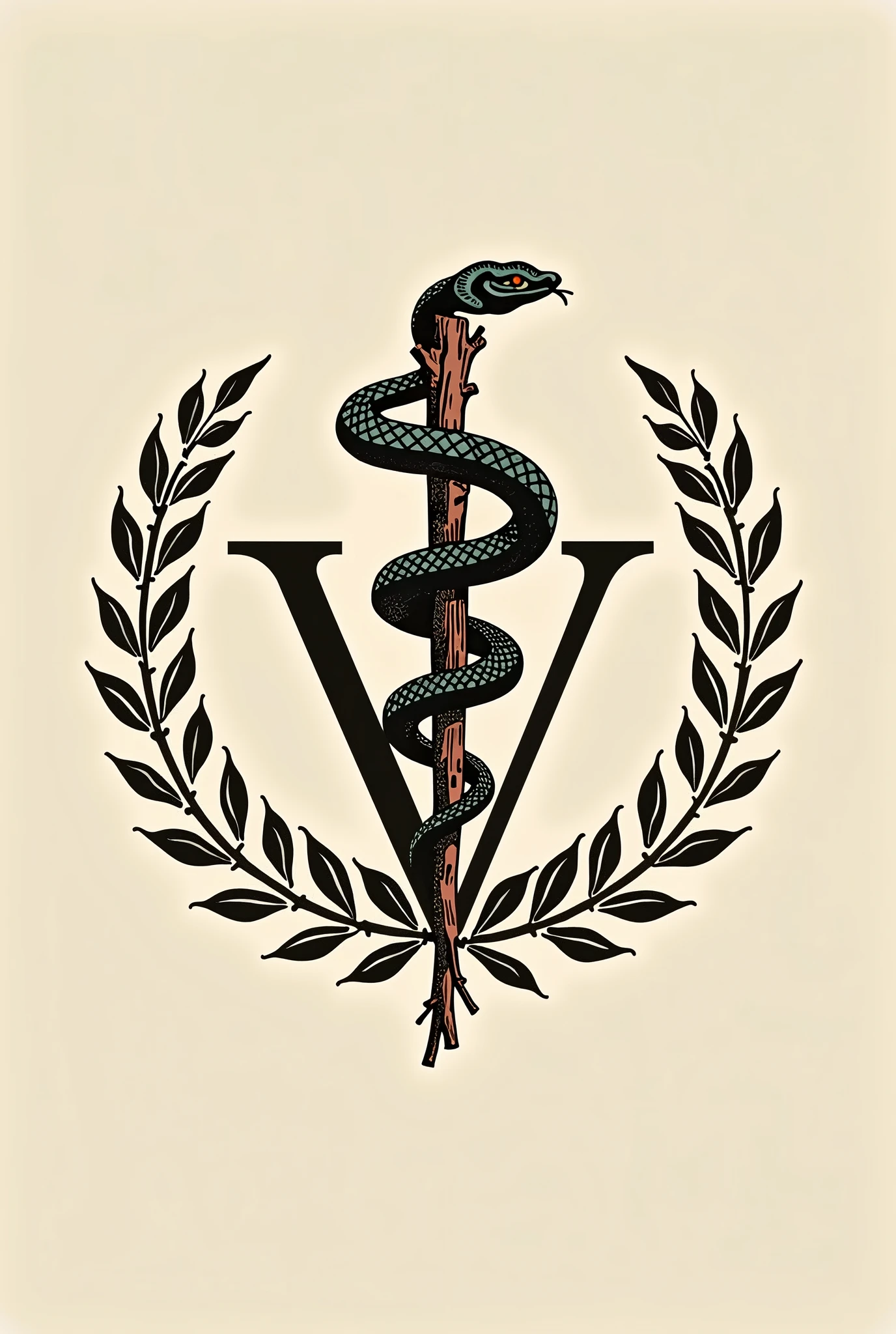 Asclepius: The snake wrapped around a branch. In the coat of arms of veterinary medicine in beige color Branches and laurel leaves: These branches usually surround the main symbol., in beige color With the letter V behind it