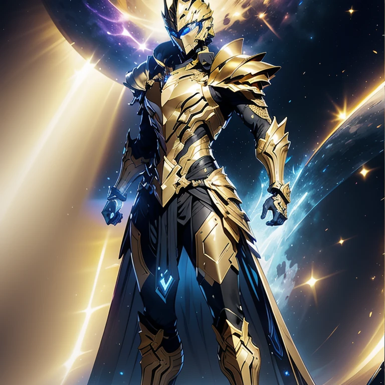 It's a man. The image presents a highly detailed and futuristic armor designed for a male warrior. The armor combines elements from different parts to create a cohesive and powerful look. Helmet: The helmet features a sleek, aerodynamic design with a golden metallic finish. It has a central crest that rises upwards, and the visor glows with a bright blue light, giving it a high-tech, futuristic appearance. Pauldrons (Shoulder Pads): The shoulder pads are designed to be close to the chest, with angular lines extending smoothly toward the shoulders. They have a polished golden finish and curve elegantly upward, creating a harmonious transition between the chest and shoulders, while providing a majestic and protective look. Chest Plate: The chest plate is intricately segmented, with a combination of gold and dark metallic blue. It has a gem-like crystal in the center that emits a soft, mystical glow. The design of the chest plate is both protective and regal, with sharp, angular lines that add to the overall futuristic aesthetic. Arm Guards: The arm guards are sleek and streamlined, with articulated golden and purple segments that offer flexibility and protection. The design of the gauntlets is both robust and elegant, incorporating futuristic elements that blend with the classic style. Leg Armor: The legs are armored with segmented plates that are primarily gold and purple. The boots are angular and sturdy, with a design that conveys both strength and agility. The overall look of the leg armor is grounded yet sleek, completing the ensemble with a powerful stance. The background of the image is a dark cosmic scene, filled with distant stars and nebulae that highlight the polished surfaces of the armor. Dynamic lighting is used to emphasize the key features, particularly the glowing visor and central chest gem, reinforcing the mystical and imposing nature of the warrior.