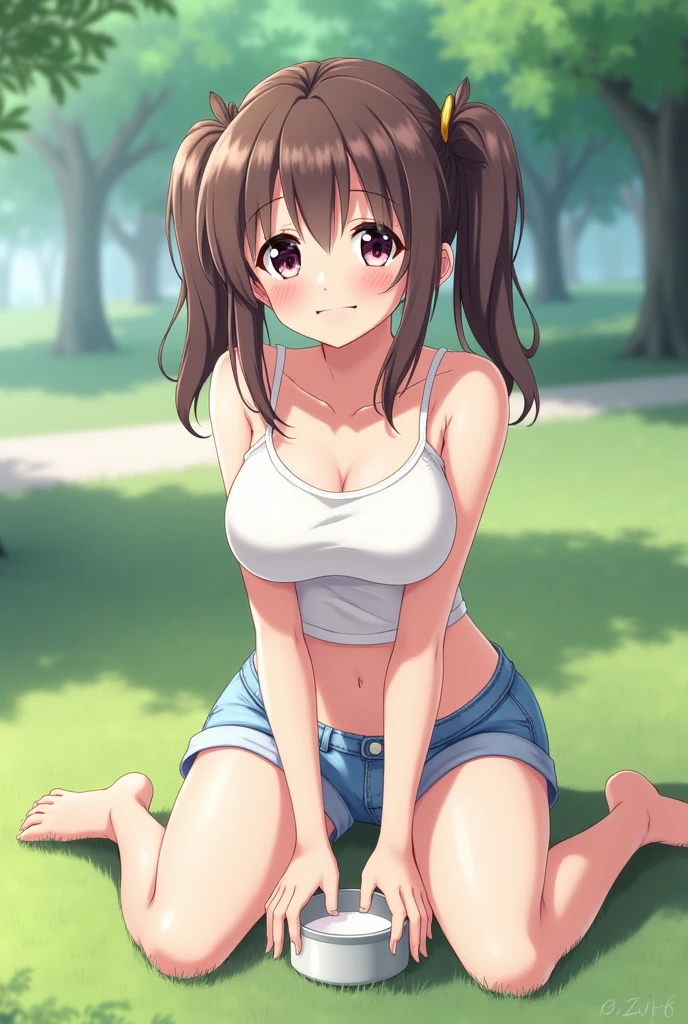 A Female robot is sleeping in forest, spread legs, nude, banzai pose. she wears no dress. She Brown short hair is tied with two big red clothespins, She lifts up the under hem of her white plain dress, leaning over, masterpiece, very short pigtails,brown hair, mature, android, blue eyes, full body figure, Height: 160cm, flushed cheeks, 2020s anime picture, A beautiful robot with short brown hair in two short pigtails held up by two very large huge red clothespins, Uplifting, No NSFW, whole body, barefoot, archaic smile, getting orgasm, 25 years old, sweat bucket, in Obstetrics.