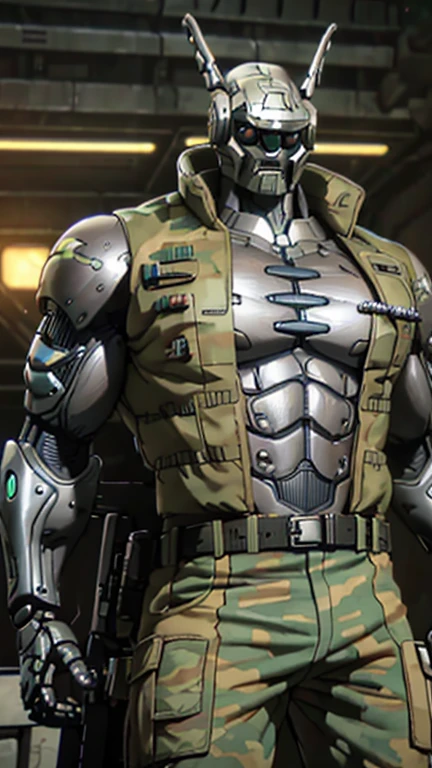 (1boy, Briareos,robot), (extremely detailed CG unit 8k wallpaper),(master part), (best quality), (ultra detail), (best illustration),(melhor ombre), cowboy shot, (Sharp eyeliner, ombre, detailed eyes:1), Spaceship bridge, break , (one piece style), upper body, jacket,open jacket, camouflage pants, cyberpunk