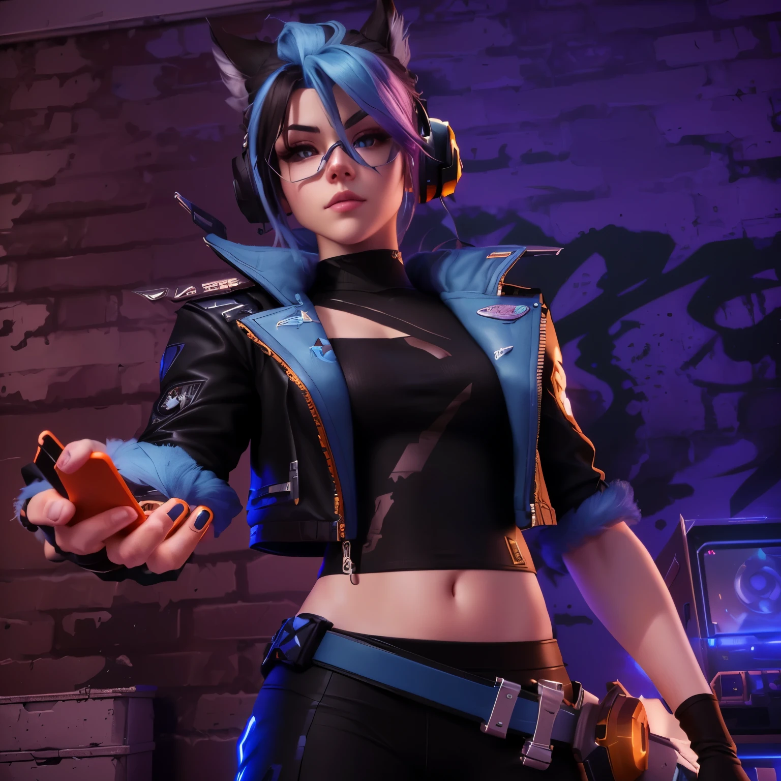 a close up of a person in a costume holding a cell phone, trigger anime artstyle, rendered in sfm, portrait of jinx from arcane, as overwatch character, jinx from arcane, badass pose, as an overwatch character, 3 d render character art 8 k, sfm render, tracer game character, jinx from league of legends