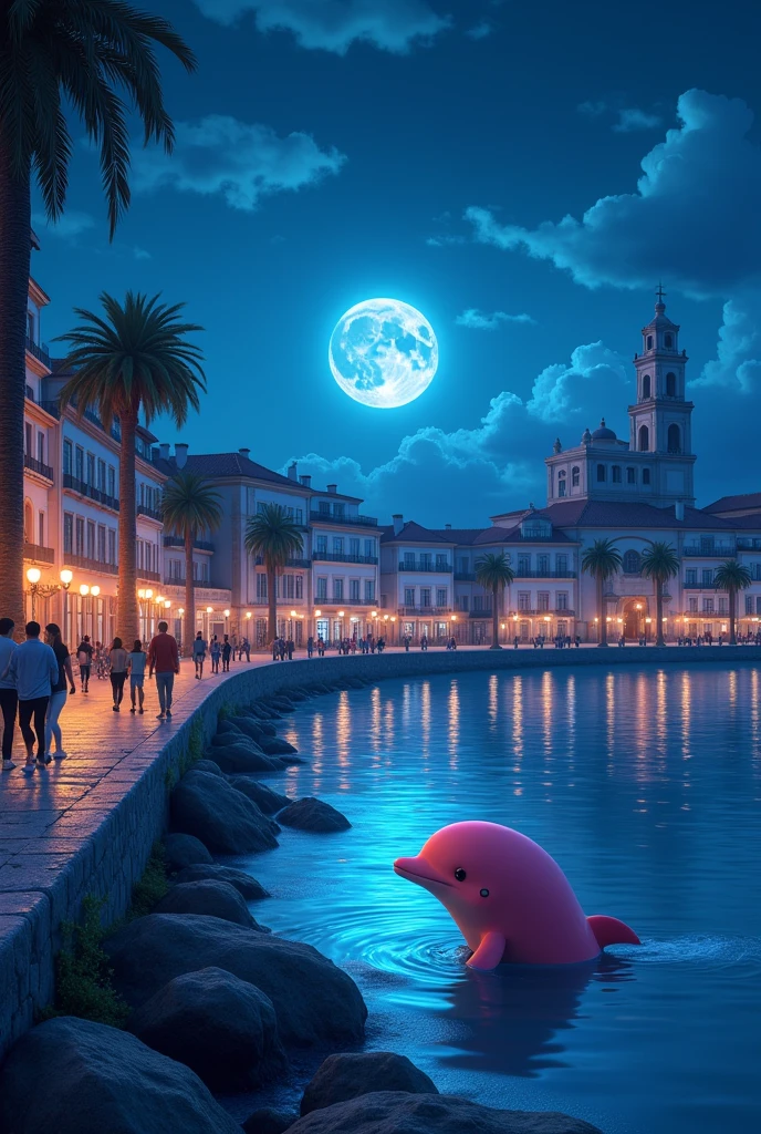 Bragança waterfront with historic mansions and a church with a single tower on the right side blue and white lights and palm trees with a pink dolphin watching the families strolling night sky full moon night