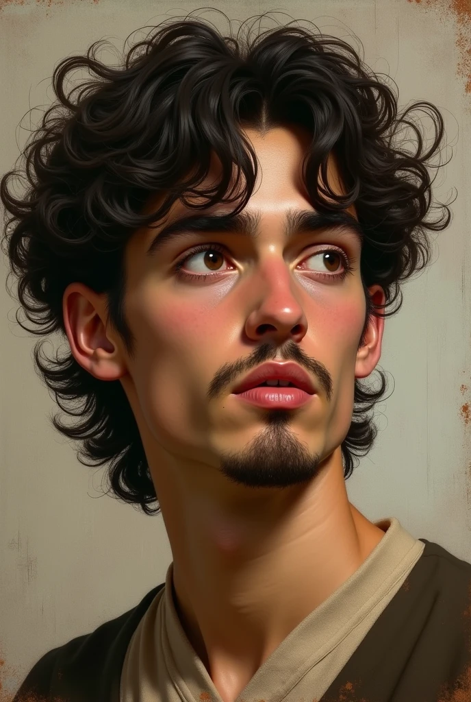 Make a Renaissance art of a young man, with curly black hair, he wears short mullet. He's brown, with goatee and short mustache. He has a triangular face. It is accompanied by some fine dark circles. Make it really renaissance.
