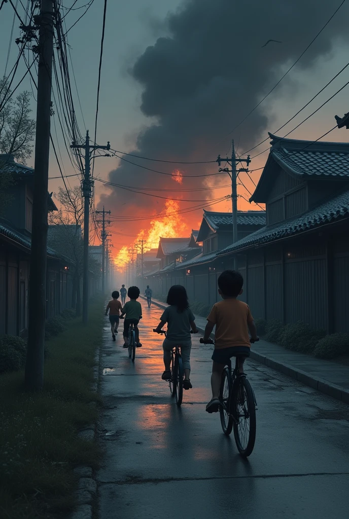 Plusieurs !! enfants entre 7 et  sont en vélo il sont sur une route en béton,en arrière plant il y a la guerre avec des bombardement ,les maisons en feu et beaucoup de fumée,les villageois pleur et des soldats cours , il fais nuit noir c'est un vieux village avec des maisons japonaise 
En style réaliste 