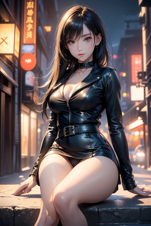 ((Highest quality)), ((masterpiece)), (detailed),Perfect Anatomy，Natural Light,In the city where buildings stand side by side,Night Scenery,A very cute, baby-faced, black-haired woman,((Highest quality, 8k, masterpiece: 1.3, )),A woman with very small breasts,Well-proportioned, slim body，Long, slender legs，Long, thin hands， detailedな顔, detailedな肌, fine grain, detailedな唇, detailedな舌, detailedな指, Mouth detailed, Beautiful teeth alignment,Realistic,  High resolution, Natural light, Dynamic pose,Toned Legs, double eyelid, Tear bags, Round eyes, Moisturized lips,Long, flowing blonde hair,          (((Black leather collar,Wearing a black leather jacket,A black leather jumper that reveals the chest,Wearing a very short black leather miniskirt,White panties look good,Black leather belt at waist))),((Legs wide open,Open your legs in an M shape..5,Woman sitting with knees up 1.4,A pose that emphasizes panties,I want to see more panties)),Poses that emphasize the uterus,