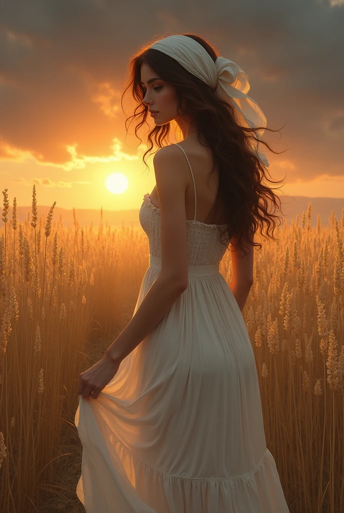 (photorealism:1.2), beautiful woman, brown hair style, on a field, with high grama, with a white scarf on her head, a white peasant-style dress, country-style dress, dark and gloomy atmosphere, posing sideways and looking towards the ground, dress, realist, intricate details, warm color environment, Lifting up her dress and showing her beautiful legs, extremely bright sun in the background, pose sensual, posing like a top model
