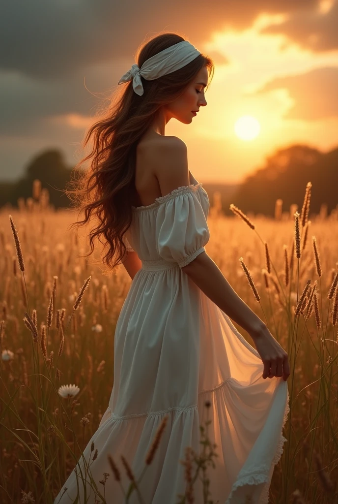(photorealism:1.2), beautiful woman, brown hair style, on a field, with high grama, with a white scarf on her head, a white peasant-style dress, country-style dress, dark and gloomy atmosphere, posing sideways and looking towards the ground, dress, realist, intricate details, warm color environment, Lifting up her dress and showing her beautiful legs, extremely bright sun in the background, pose sensual, posing like a top model