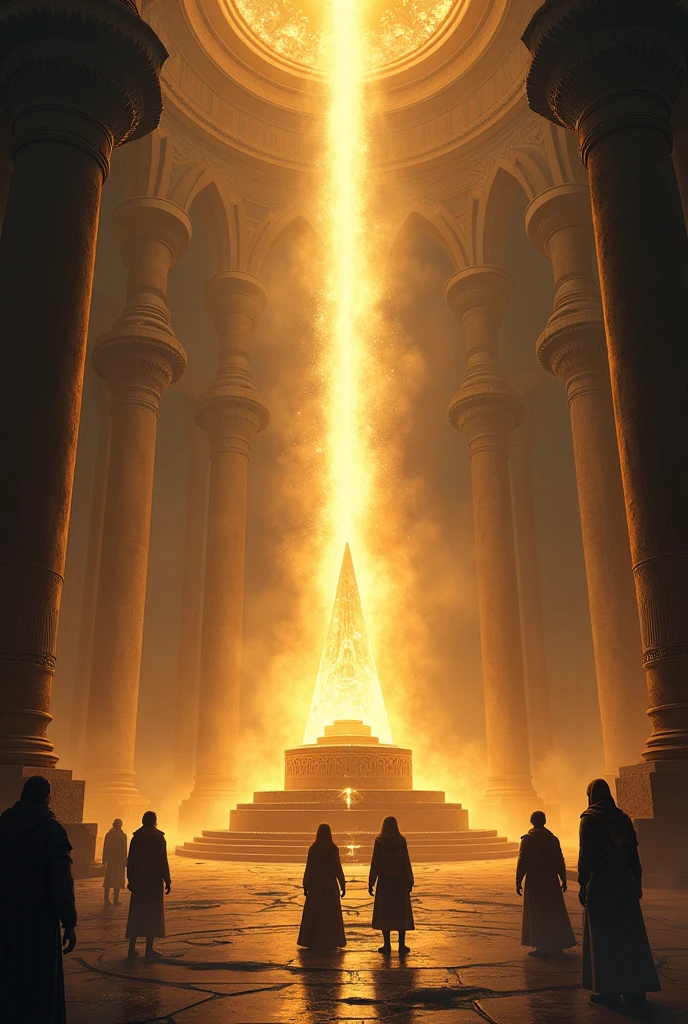 The group arrives at a large chamber with the Dawn Crystal glowing on a pedestal..