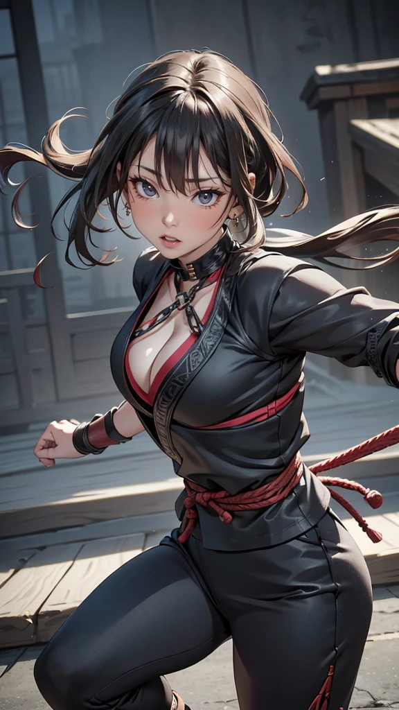 a female ninja kunoichi, intricate ninja techniques, chains flying from all directions, random chain motions, chains flying towards the camera, a sense of depth and distance, (best quality,4k,8k,highres,masterpiece:1.2),ultra-detailed,(realistic,photorealistic,photo-realistic:1.37),dramatic lighting,cinematic composition,dark and moody atmosphere,intricate details,flowing fabric and clothing,complex ninja gear and weapons,intense action and movement,dynamic camera angle,dramatic shadows and highlights