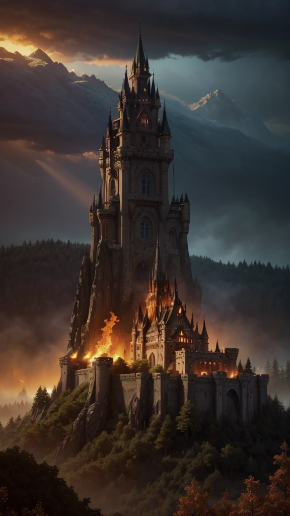 a mystical fire kingdom, a castle, villages, burning forest, dramatic lighting, cinematic, volumetric lighting, dynamic composition, highly detailed, 8k, photorealistic, lush vegetation, intricate architecture, glowing embers, dramatic shadows, warm color palette, depth of field, ambient occlusion, god rays, magical atmosphere, fantasy art, epic scale, concept art style