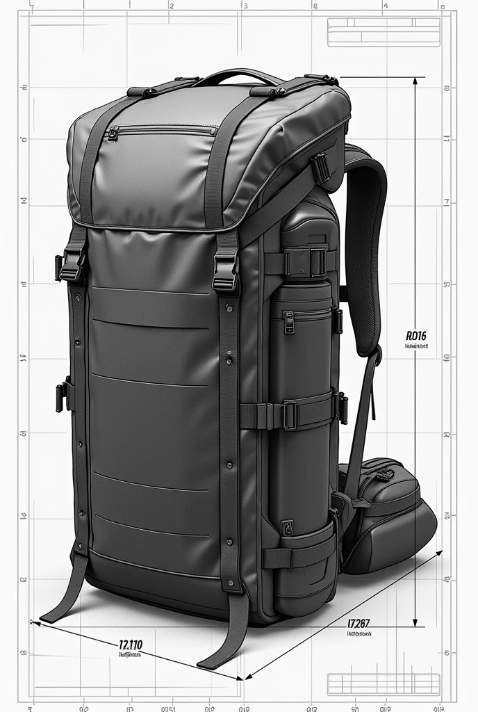 Black and white military backpack blueprints that has a backpack purifier built into the inside of the backpack on the right side
