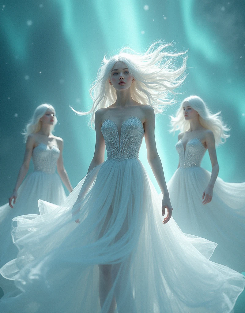 masterpiece,Distinguished Quality,Mirror-like,Cinematic Experience,insanely detailed,absurdres),8k,wallpaper,(Ray Tracing),3 females together,,Beautiful Shii Women,(God the Lady of Light is floating in the air:2.0),(front:2.0),”(A body made up of white light particles:2.0)”,BREAK(White Hair:2.0),(White skin:2.0),Portrait of a goddess,(god々Shii:2.0),(fantasy digital art:2.0),(Upper body close-up:2.0),(super sexy:2.0),(Diffuse reflection of light:2.0),BREAK(The background is the beautiful Aurora:2.0),(Beautiful face,Detailed face,Beautiful skin texture:1.3,Beautiful Hair),(Detailed hands:2.0),(Beautiful hands:2.0)