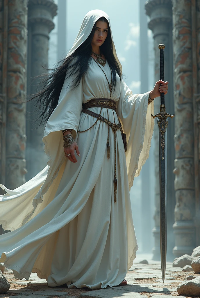 Knife of a white bard nun very long black hair nun clothes knife her in.medieval form