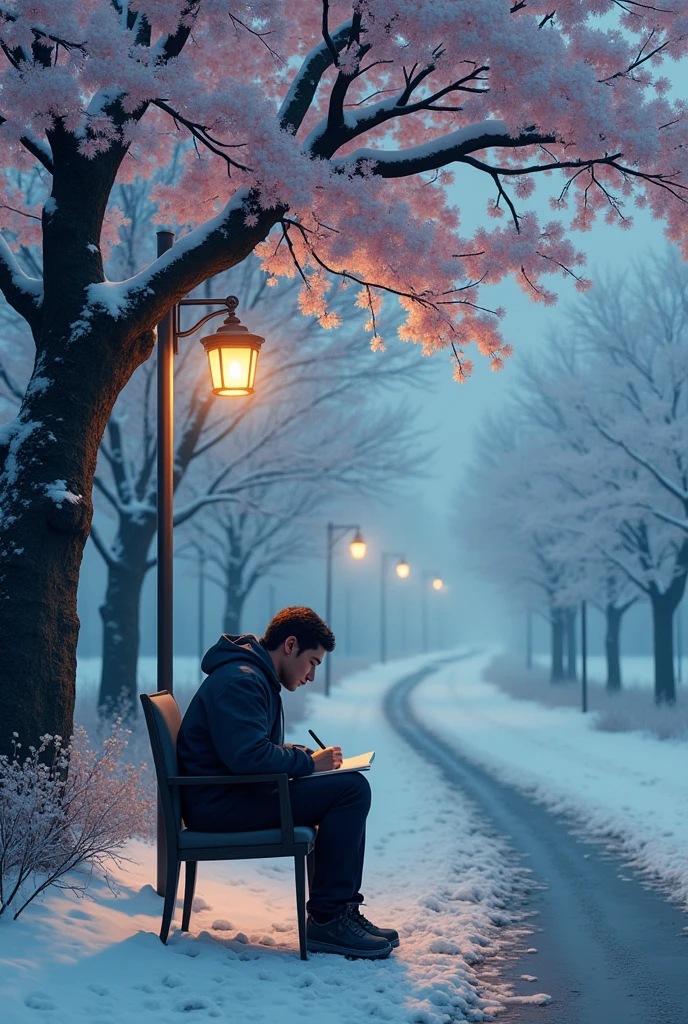 I want a snowy road with signs of traffic, and on the edge of the road a man sat on a chair under a bright lamp and under a cherry blossom tree, writing in a notebook with his right hand and holding his hair with his left hand 