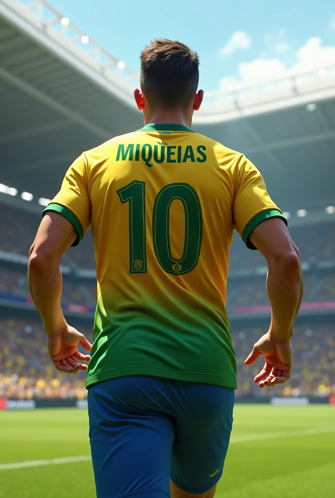 create an image of an adult man, short brown hair, with the Brazil shirt with the name "Miquéias" number 10 from the back running through the stadium (ultra realistic) (from the back)