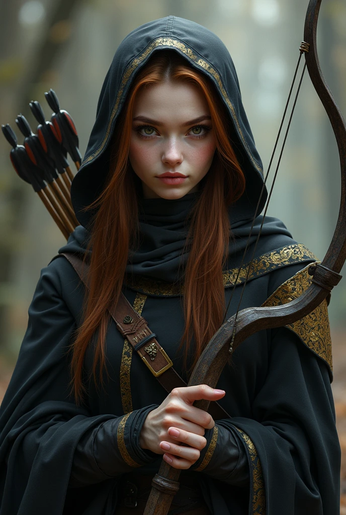 Draw a female half-elf with white skin, little elf ears, eyes black, chestnut hair, wearing a black cloak with gold details and a built-in hood holding a crossbow in his hands and a quiver on his back with a handful of arrows. Her eyes are extremely dark and this is her most obvious feature..