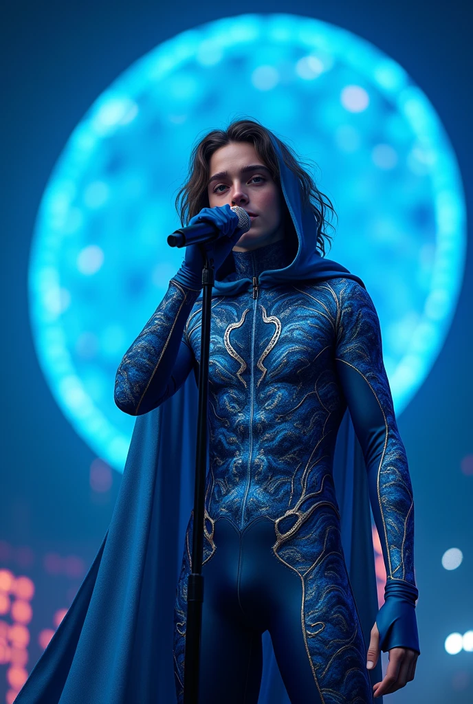 artwork best quality handsome realistic american male teen long brown hair wearing websuit with waves on chest with fish scales and waves drawn in blue and dark blue color full body with a light blue hooded cape intricate details singing holding a microphone with blue circle of light illuminated around him a concert with details uhq 8k