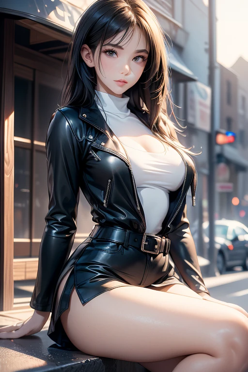 ((Highest quality)), ((masterpiece)), (detailed),Perfect Anatomy,Natural Light,In the city where buildings stand side by side,Night Scenery,A very cute, baby-faced, black-haired woman,((Highest quality, 8k, masterpiece: 1.3, )),A woman with very small breasts,Well-proportioned, slim body,Long, slender legs,Long, thin hands, detailedな顔, detailedな肌, fine grain, detailedな唇, detailedな舌, detailedな指, Mouth detailed, Beautiful teeth alignment,Realistic, High resolution, Natural light, Dynamic pose,Toned Legs, double eyelid, Tear bags, Round eyes, Moisturized lips,Long, flowing blonde hair, (((Black leather collar,Wearing a black leather jacket,A black leather jumper that reveals the chest,Wearing a very short black leather miniskirt,White panties look good,Black leather belt at waist))),((Legs wide open,Open your legs in an M shape..5,Woman sitting with knees up 1.4,A pose that emphasizes panties,I want to see more panties)),Poses that emphasize the uterus,