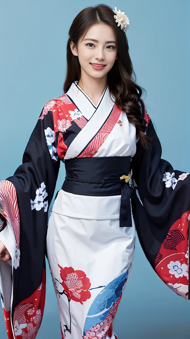 (SeaArt creates stunning illustrations of beautiful women in kimono)、Vividly colored Japanese Ukiyo-e style illustrations、A beautiful woman smiles and shows her upper white teeth、Brown-black long hair、Beautiful full body style、If you want to dance, let's dance, Tokyo Ondo, Yoi Yoi、Beautiful new digital paintings,、Bright vibrant digital anime art、 Beautiful anime portraits、background,Torii gate front of Japanese shrine、 Detailed digital anime art、