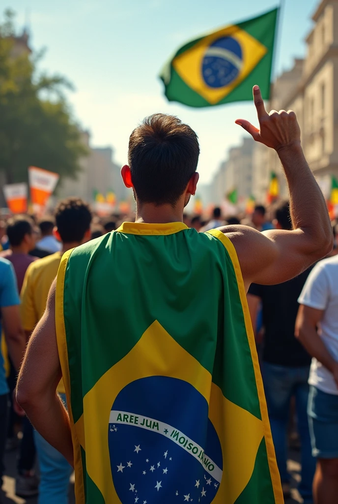A political march, which has a person wearing a cape with the Brazilian flag on his back making an L gesture with his hand, behind there is a man holding a flag that says bolsonaro