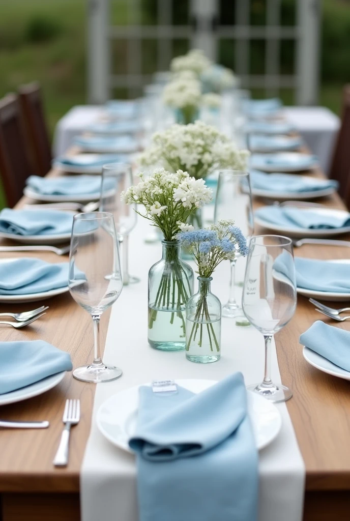 Tischdeko für ae Hochzeit im Mai 
- Farbkonzept: light blue/White/ beige, 
-modern
- afache Zylinderförmige Windlichtern aus Glas mit Kerzen befüllt
- es stehen immer 3 Windlichter in unterschiedlichen Größen zusammen
- azelne unterschiedliche Blumen in Vasen
- Die Blumen nicht in großen Sträußen sondern jeweils maximal 3 azelne Blumen im aer Vase. 
- Whitee und light bluee Blumen 
- Die Tische sind 12er Tische.
-hellbeiges Laen Tischtuch, das locker auf dem Tisch liegt
- Whitee Tischdecke 
- light bluee Laen Servierten 20x20cm
- Die Tische sind 80cm breit.
- Set the table with dishes, Cutlery and glasses (Wasser- und Waglas) a.
- the chairs are dark brown View: Overview of the whole table from above 


