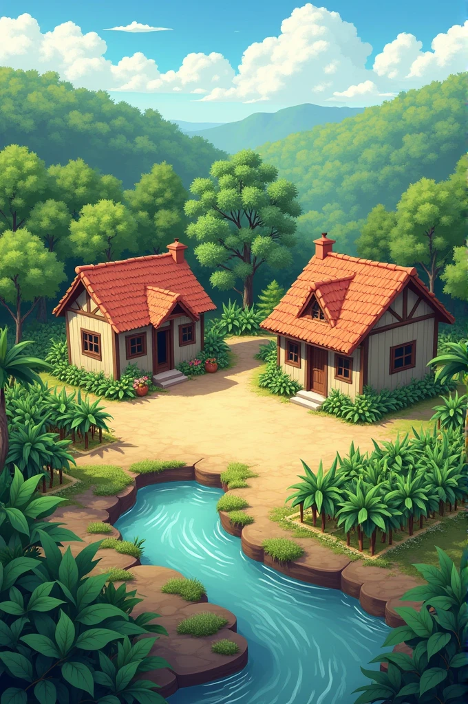 Give me a picture where there are two houses, a cement court, cocoa and green crops and a river nearby 