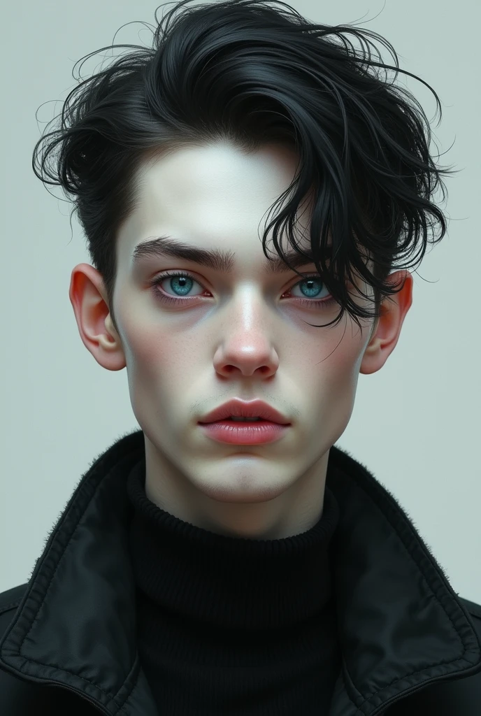 man, young, delgado, pale, black fur, blue eyes, Oval face, realist