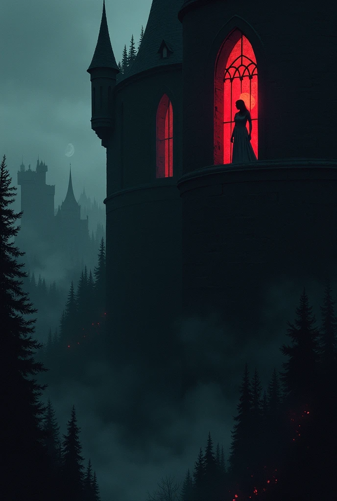 For horror book cover. drawing. A reddish light entering through the windows of the shop. A woman looking from the tower of the black castle. The woman is in the highest room. The woman looks with concern and fear. At the foot of the fortress is the forest. The woman looks down. She feels like someone is watching her from the forest..