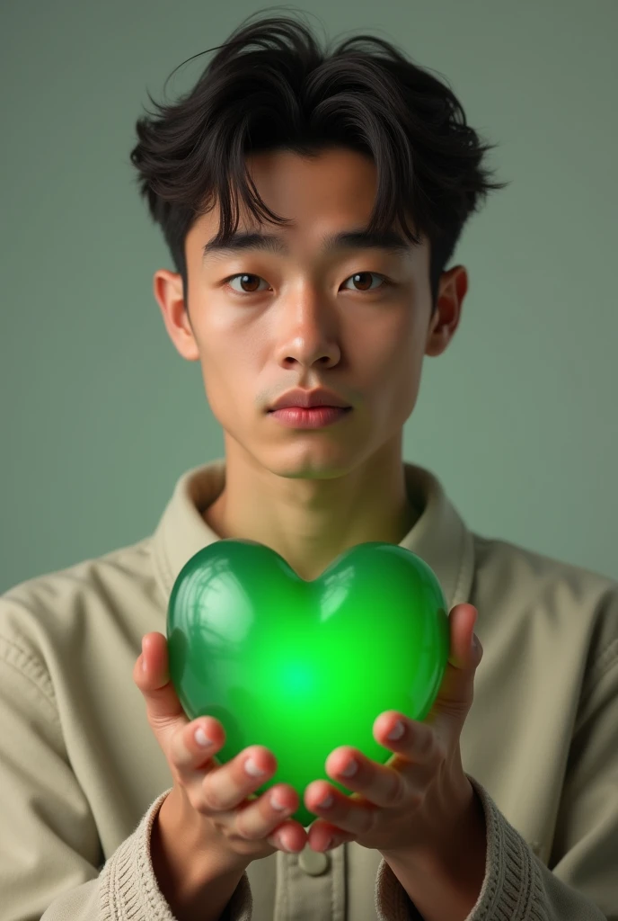 Young man holding a green heart in his hands and looking at the camera