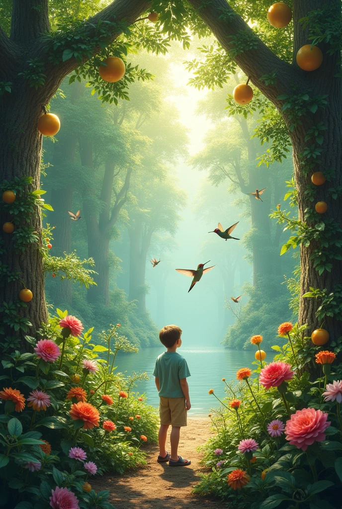 Make an image based on this poem: There in the fresh morning, I went to observe the wonders of nature that only God could create., the trees as bird houses and hummingbirds and bright flowers and big fruits for meMake an image based on this poem: There in the fresh morning, I went to observe the wonders of nature that only God could create., the trees as bird houses and hummingbirds and bright flowers and big fruits for me
