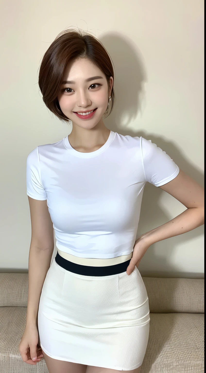 Highest quality,White tight shirt、White Mini Skirt、bed、smile、Short sleeve、High resolution、Korean idol face、double eyelid、White teeth、short hair