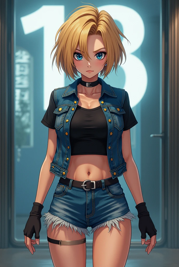 ((work of art, highest quallity, A highest quallity de imagem, high resolution, photorrealistic, CRU photo, 8k)), Woman with short blonde hair and black blouse, Denim mini skirt, android 18, アニメ, (She's wearing a short skirt, A long-sleeved shirt, and a thin denim vest), (Very detailed figure), saiyan girl, beautiful portrait of android 18, pose casual, badass pose, skin detailed, blue colored eyes, visible thighs, in dynamic pose, dark face, stand with your legs open, ((The screen says "android 18" in big letters)),