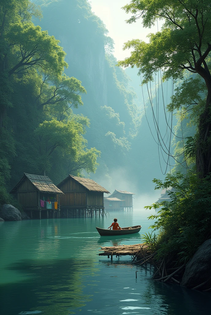 You are going down the river in a boat. Arriving in an area you see some raft houses on the side of the river. Raft house against the backdrop of a thick forest area.
