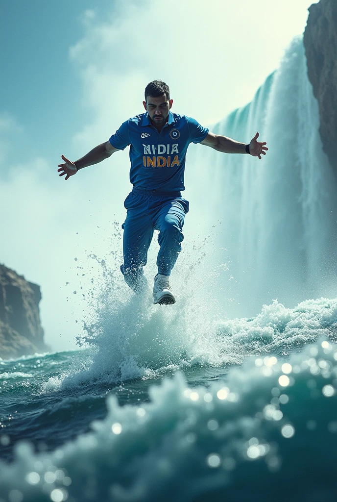 MS Dhoni with short hair jump in the niagara waterfall
