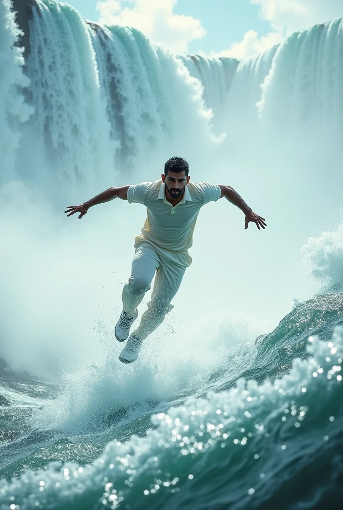 MS Dhoni with short hair jump in the niagara waterfall