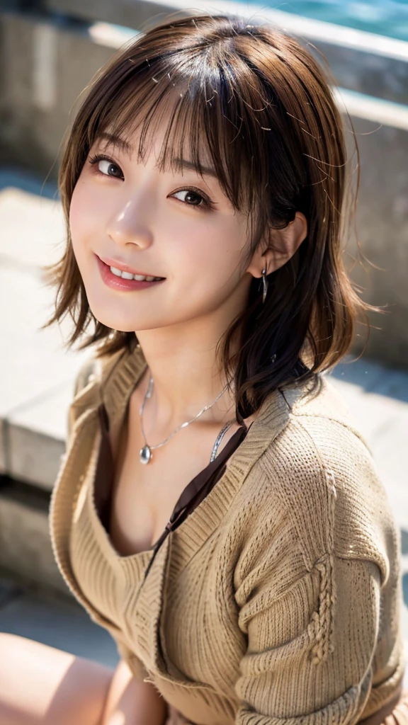(highest quality,masterpiece:1.3,ultra high resolution),(Super detailed,caustics,8K),(realistic:1.4,RAW shooting),1,cute,Japanese,Short brown hair with outward curls,(Beige summer knitwear),(smile),look up at the camera、(Short brown skirt),blue sky,sun,Backlight,(coastline),(sunset、sunset:1.1),,(Photographed from the waist up),(face focus),(close up face),(High Situation:1.3),(high angle:1.3),Natural light 、照れたsmile、parted bangs、big breasts、With small earrings、silver necklace、((big breasts))