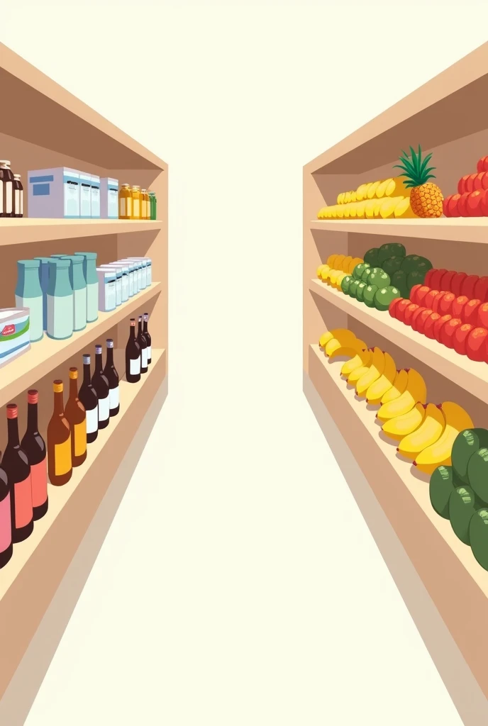 Generate a simple vector illustration, of two aisles of shelves, in the first bottles and cans, and on the other shelf fruits, like strawberry, banana and pineapple
