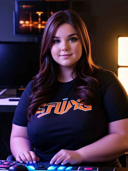 A chunky beautiful young woman sitting at a gaming desk setup, long brown hair, led lights rgb lighting