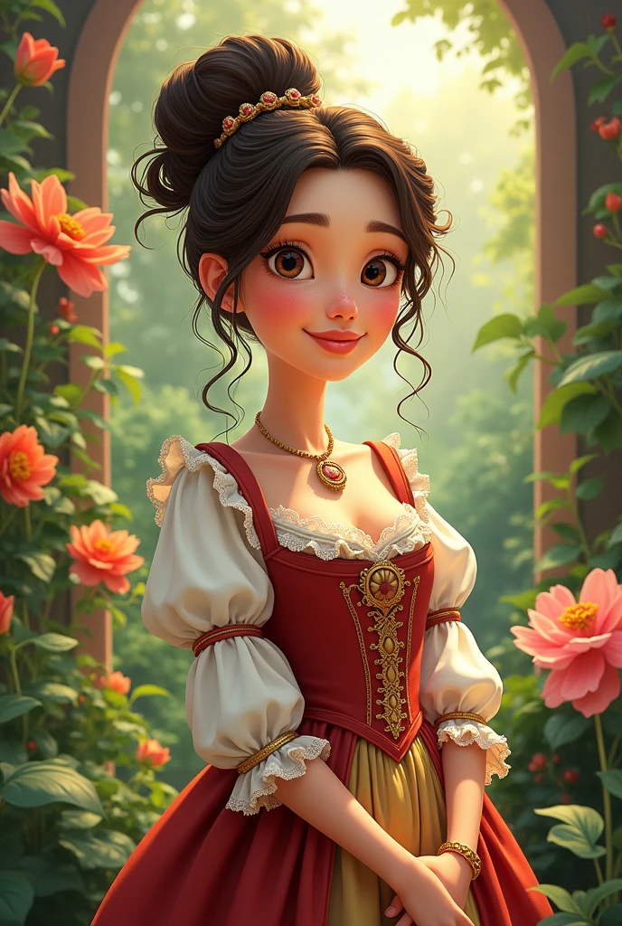 A bard with dark brown long hair and brown eyes. She looks like Lucy Gray. she smiles. She has a simple magic wand in her hand. She is wearing a white blouse, over it a corset embroidered with flowers and a colorful skirt.