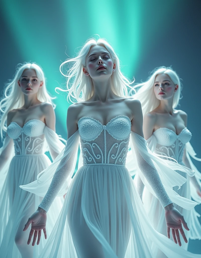 masterpiece,Distinguished Quality,Mirror-like,Cinematic Experience,insanely detailed,absurdres),8k,wallpaper,(Ray Tracing),3 females together,,Beautiful Shii Women,(God the Lady of Light is floating in the air:2.0),(front:2.0),”(A body made up of white light particles:2.0)”,BREAK(White Hair:2.0),(White skin:2.0),Portrait of a goddess,(god々Shii:2.0),(fantasy digital art:2.0),(Upper body close-up:2.0),(super sexy:2.0),(Diffuse reflection of light:2.0),BREAK(The background is the beautiful Aurora:2.0),(Beautiful face,Detailed face,Beautiful skin texture:1.3,Beautiful Hair),(Detailed hands:2.0),(Beautiful hands:2.0)