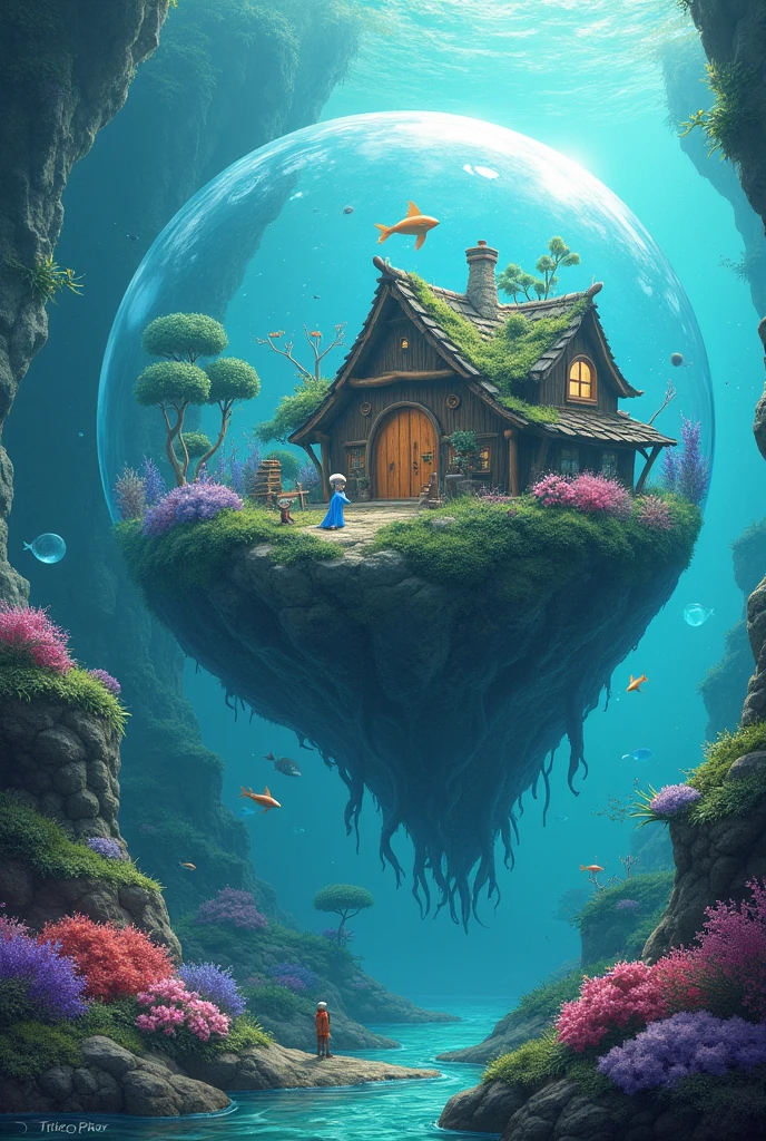 A fantasy world that is under the sea and is a very giant bubble, dome-shaped, Within this there is a fantastic ecosystem with vibrant colors like cyan, violet, rosado, green, blue. En este mundo habran seres diminutos humanoides con piel blue que se encuentran dentro de la burbuja. In this world there are no fish, only people inside the giant bubble, In this one there are log houses with fantastic shapes.