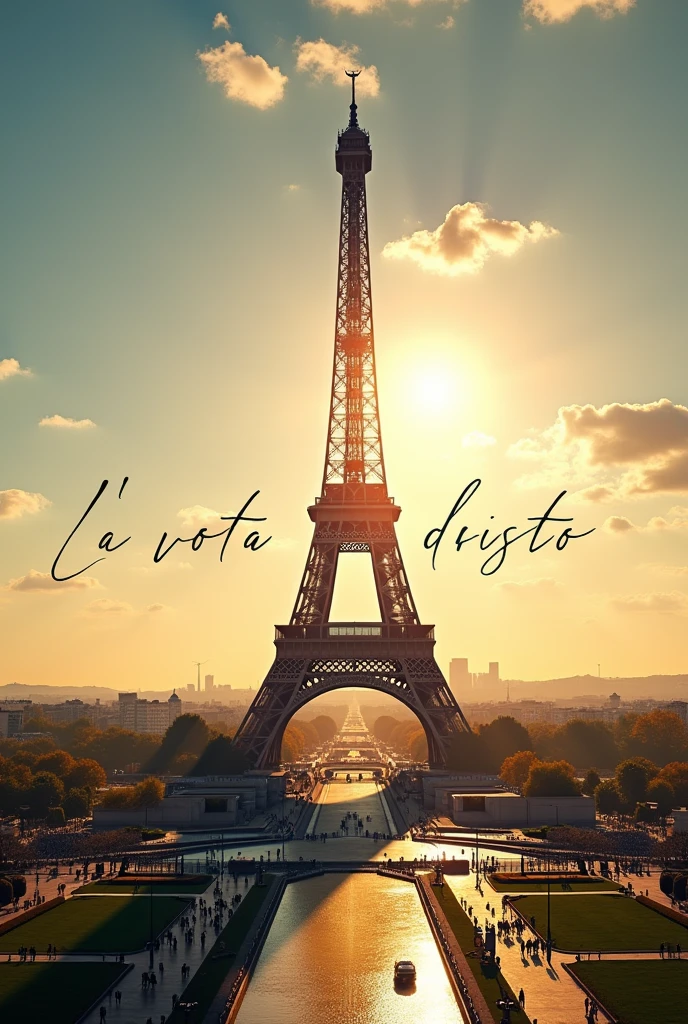 Paris with the Eiffel Tower during the day with the sun shining and a text behind the tower of hope about the return of Christ in Portuguese