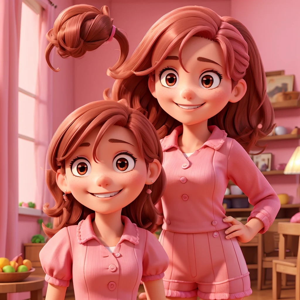 woman smiling, mulher com pink outfit, pink outfit, dark hair, chestnut hair