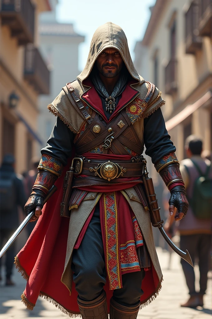 Create a Bolivian version assassins creed assassin with the typical costume of the pujllay