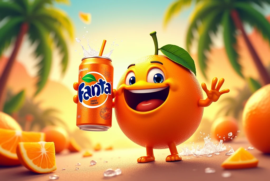 Make an advertising poster for a can of orange-flavored Fanta