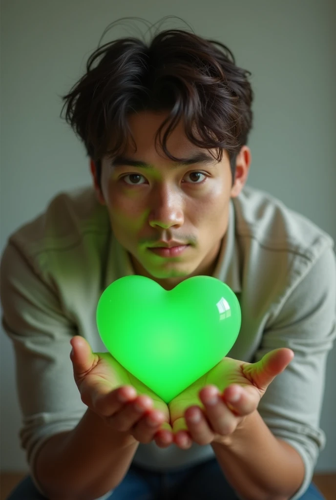 Young man holding a green heart in his hands and looking at the camera