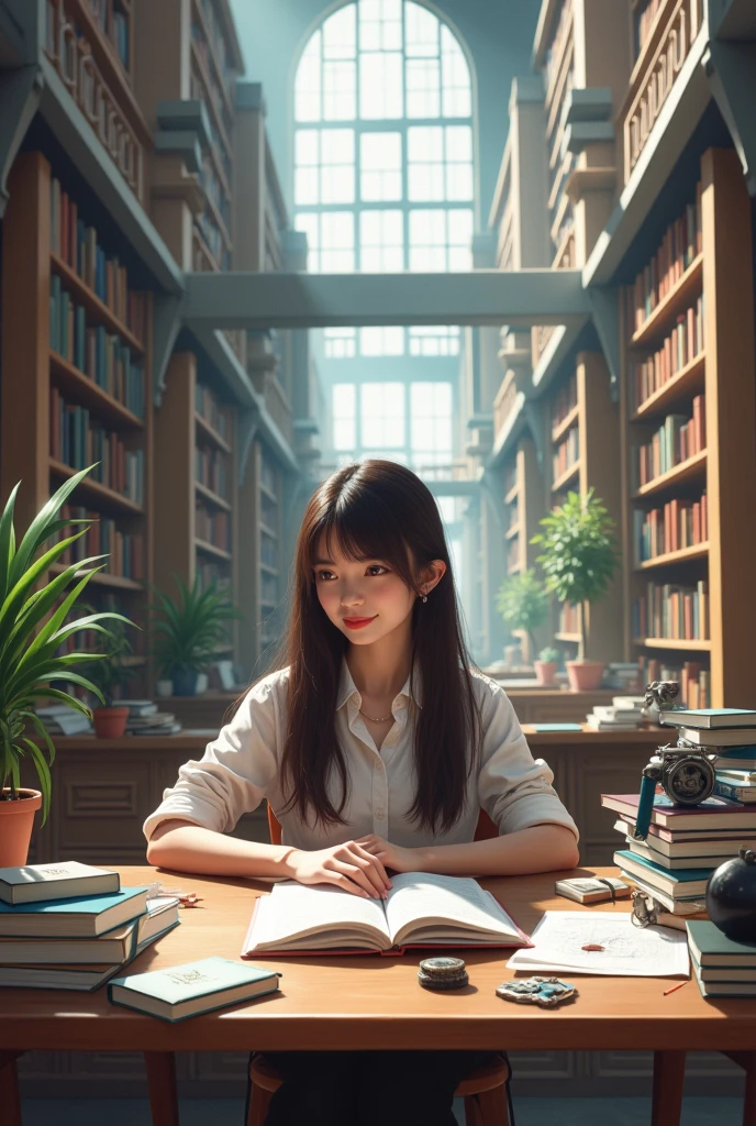 I want a wallpaper for mobile samsung ,with a girl with dark long brown hair studying mechanical engneering with a lots of books and in a big room or library , show a lot of mechanical and phisics elements in wallpaper who gets best grades in university and show the best grades what she got , and she is so much inteligent and pretty and smart but she does not have glasses she is in a very big room with some plants and windows please show her books subject and show the papers what she git the best grades like A , show all of her body not wery close to camera she is sitting behind a table